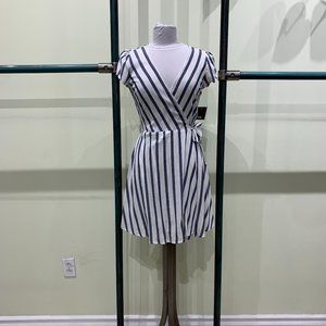 Ixia White & Gray Striped Side-Tie Cross-Over Cap-Sleeve Fit and Flare Dress